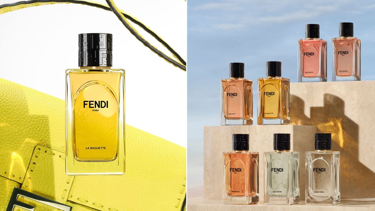 a collage of Fendi fragrances in front of a fendi baguette bag and on risers