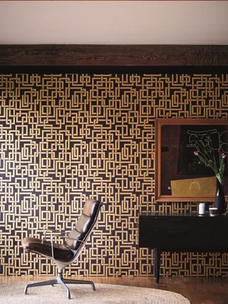 metallic geometric wallpaper in home office