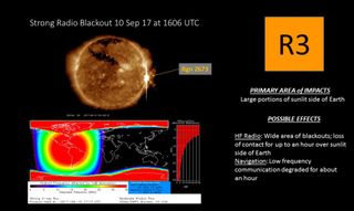 A graph released by Space Weather Prediction Center to advise the public on the side effects of the massive Sept. 10, 2017, solar flare. It appeared at 12:06 EDT (1606 UTC), from an area of the sun known as region 2673 that is turning away from Earth.