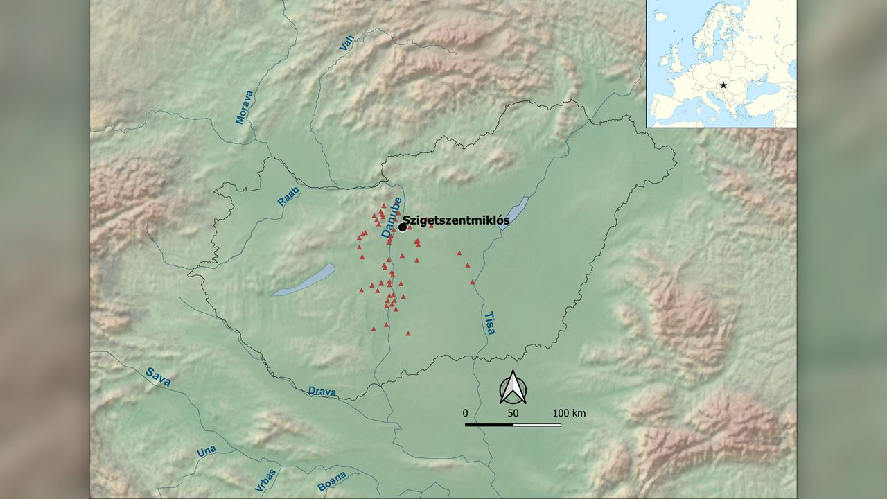 This map shows the major middle Bronze Age Vatya settlements (red triangles) along the Danube in central Hungary.