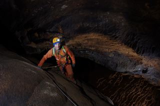 European astronaut Thomas Pesquet poses during a "cavewalk". Just like with spacewalks and other extravehicular activities, the CAVES 2011 astronauts had to use a strict tethering protocol to move during the long traverse to reach the exploration area.