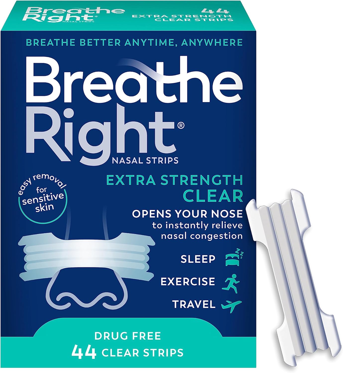 A pack of 44 Breathe Right Extra Strength Clear Nasal Strips on a white background.