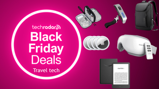 Black Friday travel tech deals on a pink backdrop with techradar logo
