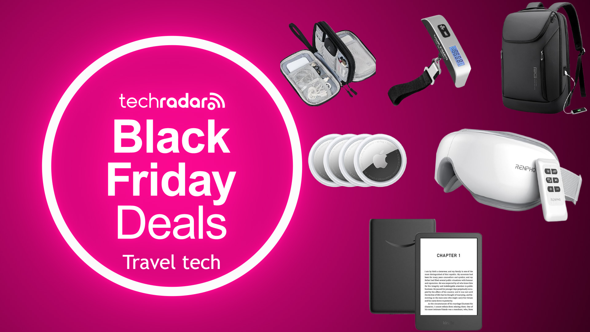 Black Friday travel tech deals on a pink backdrop with techradar logo