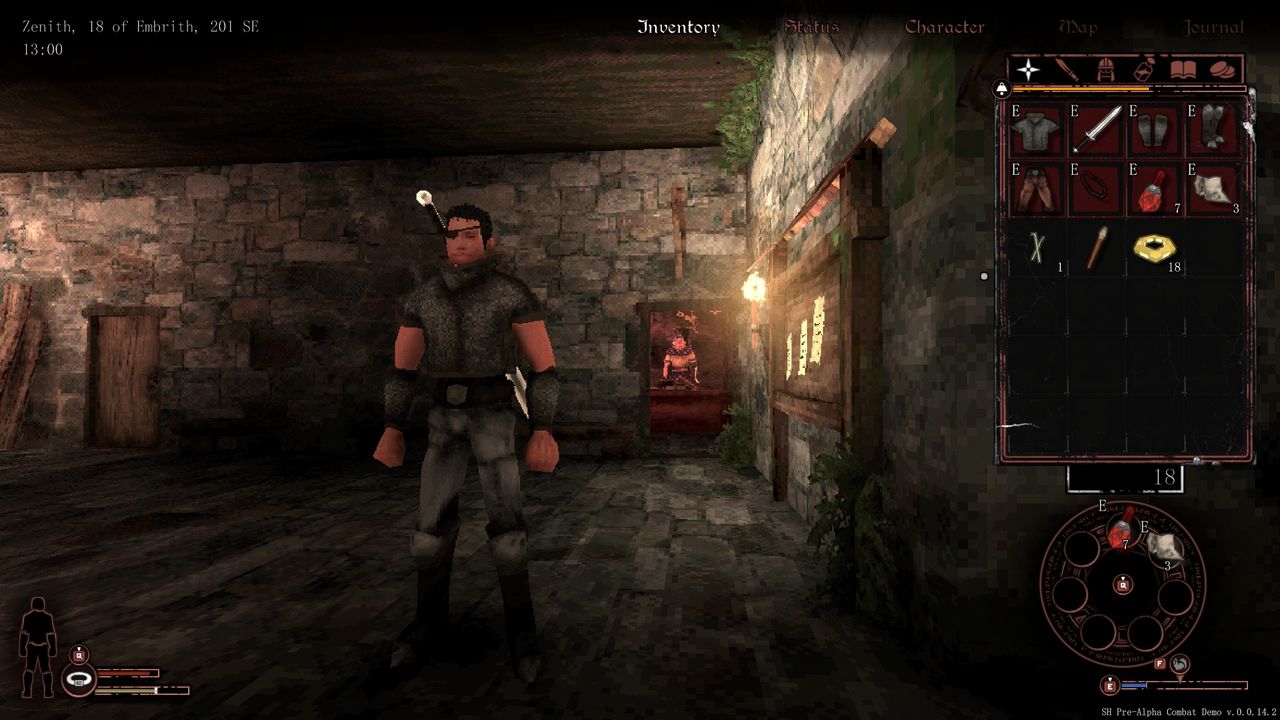 Sword Hero standing with inventory screen and merchant visible.