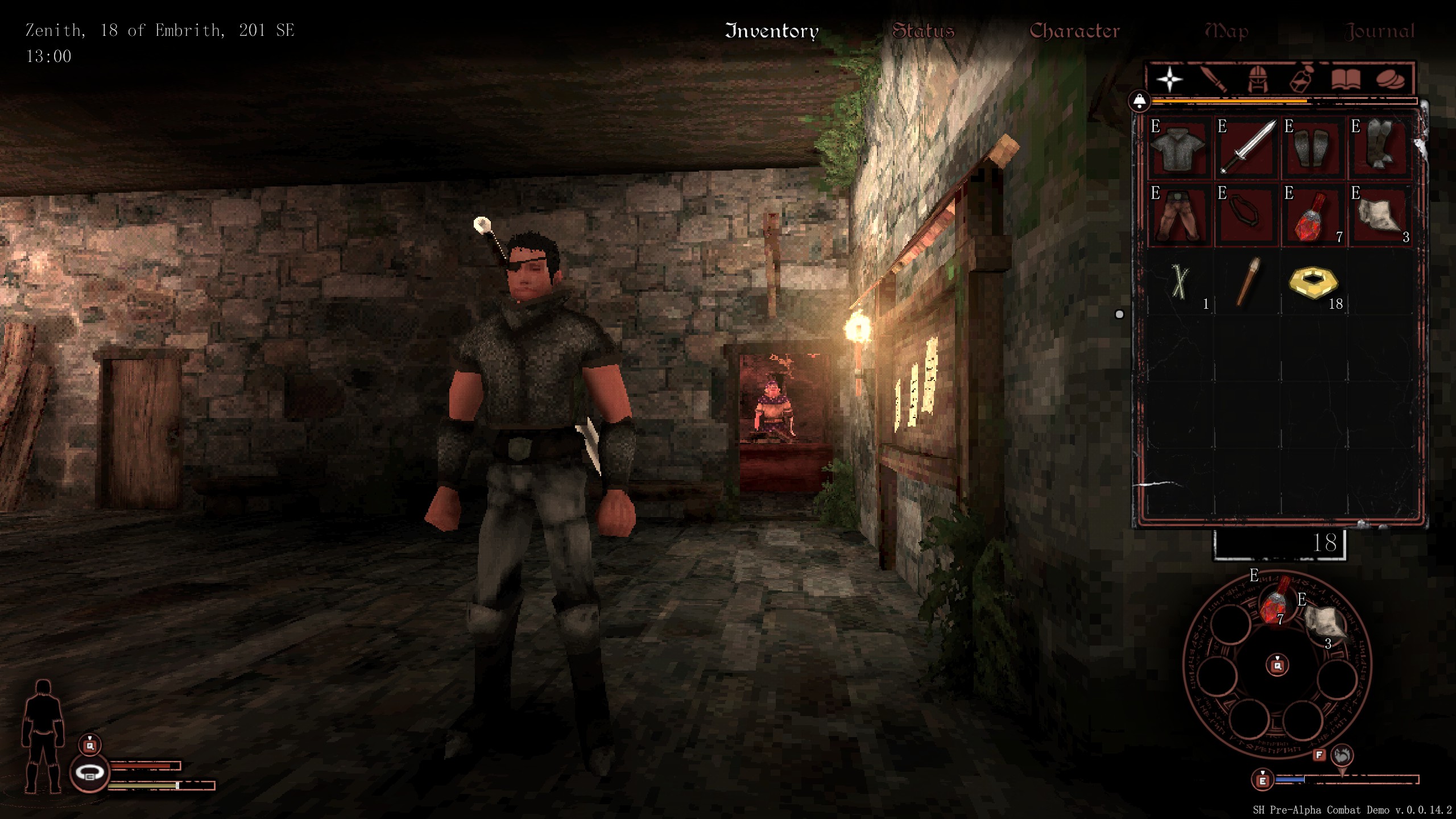 Sword Hero standing with inventory screen and merchant visible.
