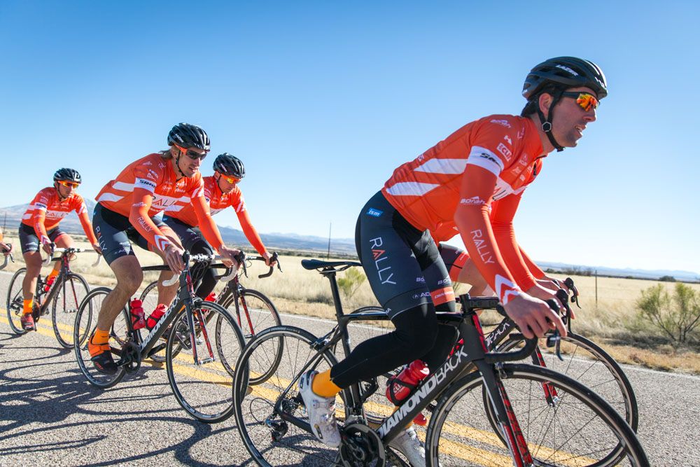 Eric Young and Tom Zirbel train in the new Rally Cycling kit.