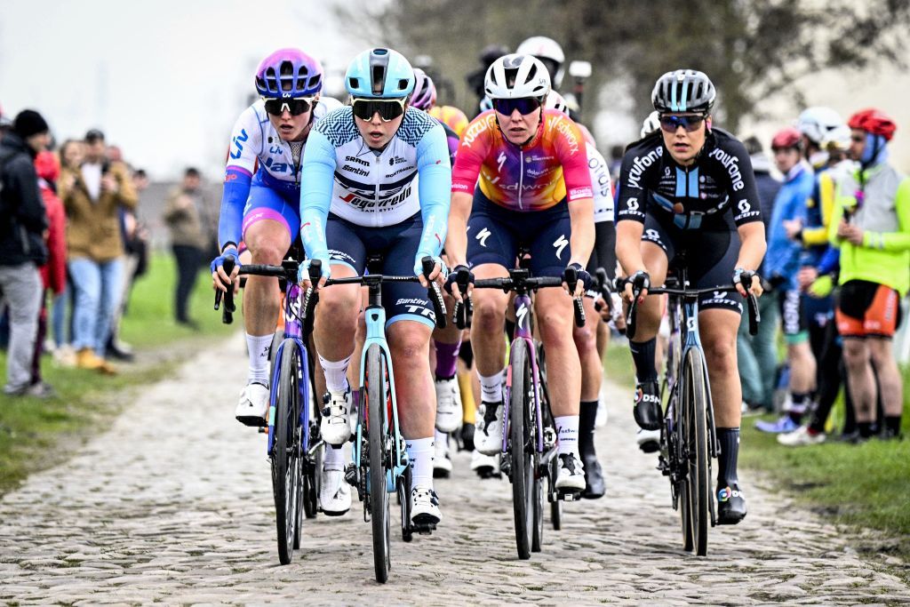 German Lisa Klein of TrekSegafredo Dutch Femke Markus of SD Worx and Dutch Dniek Hengeveld of Team DSM pictured in action during the third edition of the women elite race of the ParisRoubaix cycling event 1454 km from Denain to Roubaix France on Saturday 08 April 2023 BELGA PHOTO JASPER JACOBS Photo by JASPER JACOBS BELGA MAG Belga via AFP Photo by JASPER JACOBSBELGA MAGAFP via Getty Images