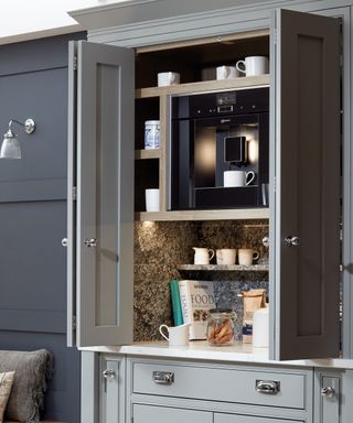 A freestanding pantry with a built-in coffee bar