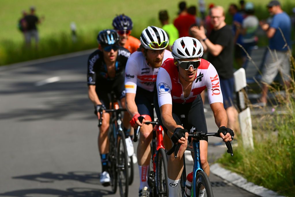 KUSNACHT SWITZERLAND JUNE 12 Simon Vitzthum of Switzerland and Team Switzerland competes in the breakaway during the 85th Tour de Suisse 2022 Stage 1 a 1776km stage from Kusnacht to Kusnacht 679m ourdesuisse2022 WorldTour on June 12 2022 in Kusnacht Switzerland Photo by Tim de WaeleGetty Images