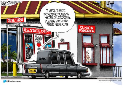 Political cartoon US Clinton foundation drive through