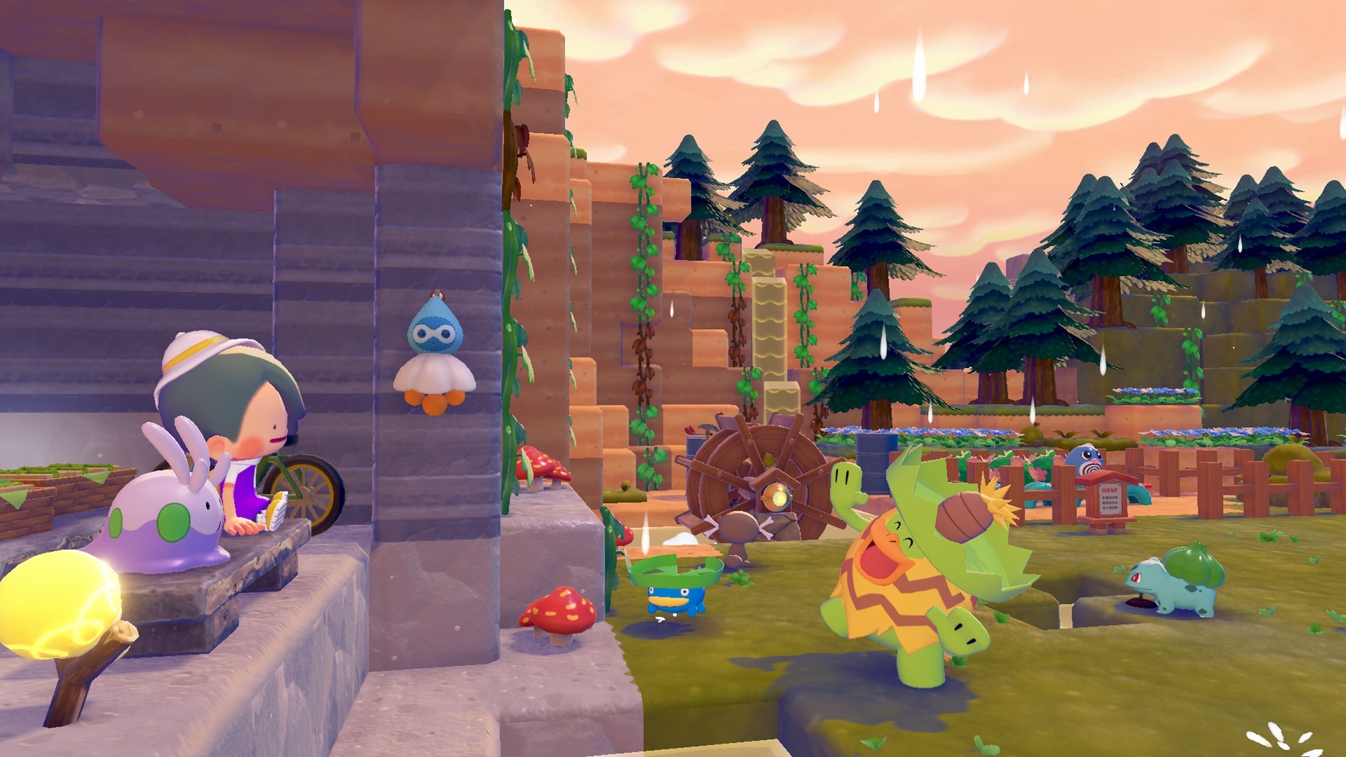 Pokemon Pokopia gameplay showing Lotad dancing in the rain on a grassy field
