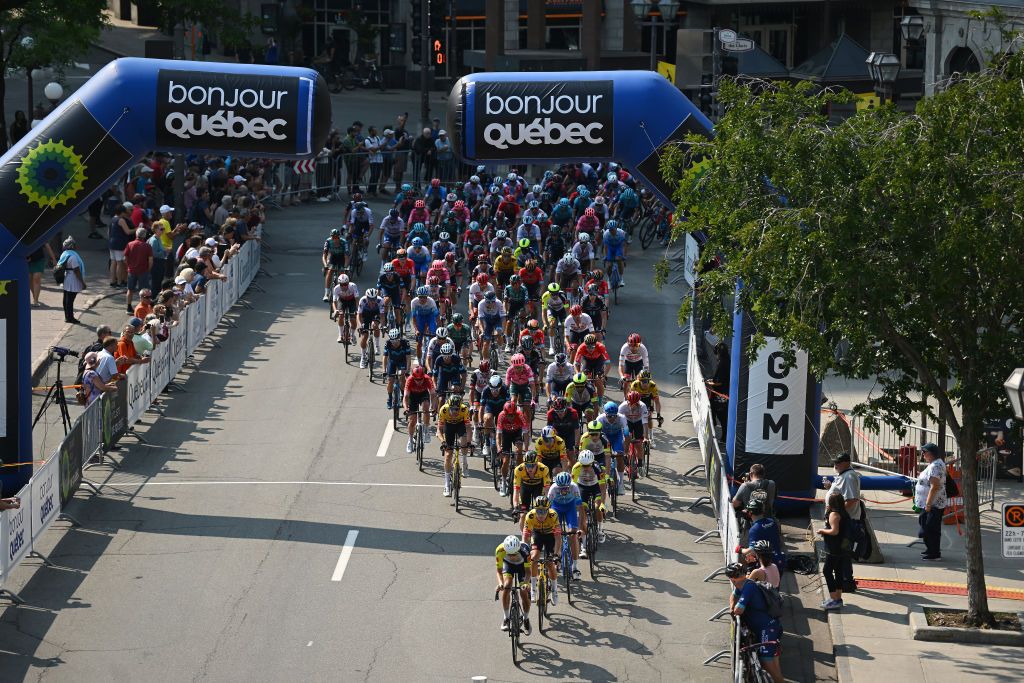 QUEBEC CITY QUEBEC SEPTEMBER 09 A general view of the peloton passing through Qubec City during the 11th Grand Prix Cycliste de Qubec 2022 a 2016km one day race from Quebec to Quebec GPCQM on September 09 2022 in Quebec City Quebec Photo by Dario BelingheriGetty Images