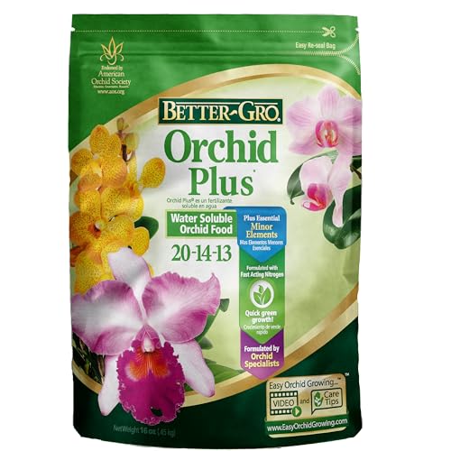 Better-Gro Orchid Plus 20-14-13 - Urea-Free Orchid Fertilizer for Vigorous Growth, Water Soluble, Nitrate Nitrogen-Rich, Ideal for Indoor Potted Plants and Tropical Plants - 16 Oz Resealable Bag