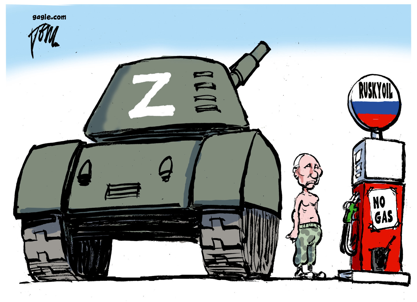 A shirtless and glum Vladimir Putin is at a gas station named &amp;ldquo;Rusky Oil&amp;rdquo; hoping to put gas into his giant tank with an artillery gun attached. The pump has a sign that reads, &amp;ldquo;No Gas&amp;rdquo;.