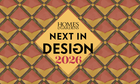 Next in Design Logo Image, red and yellow pattern in background