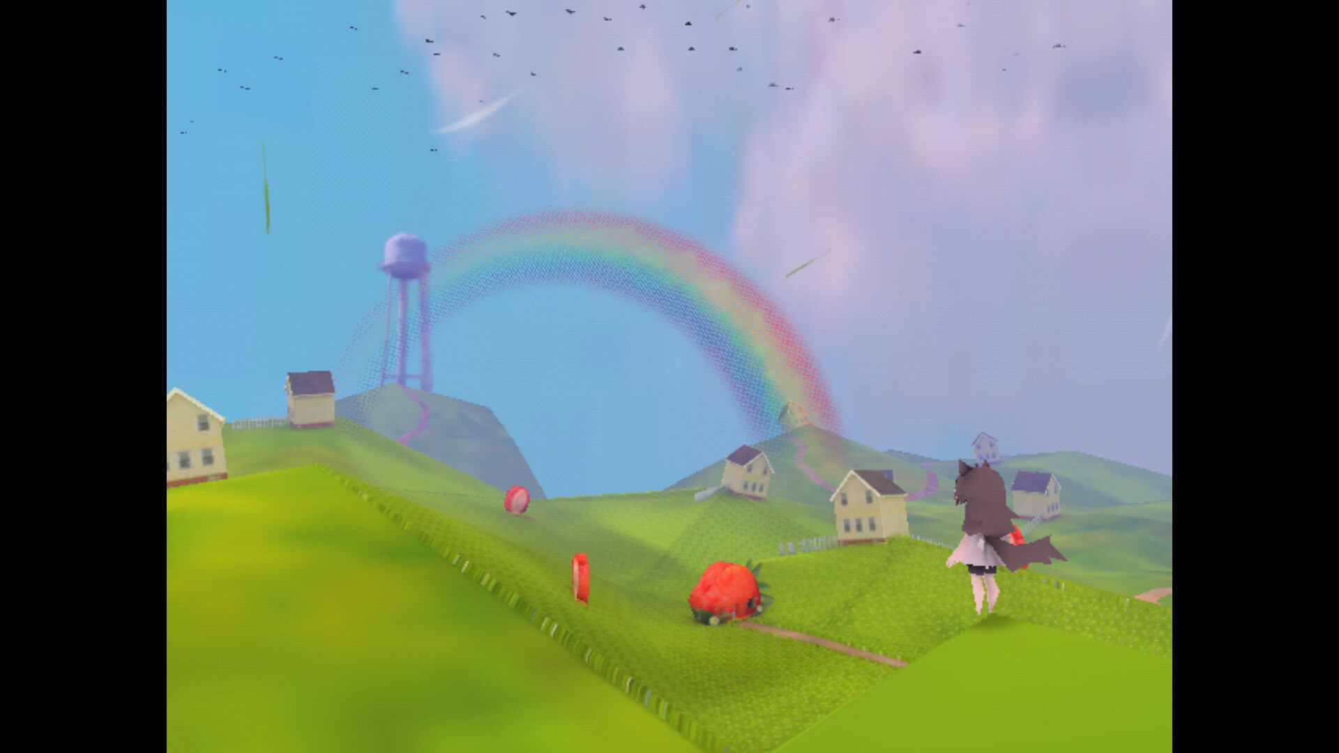 A young girl stands on a hill looking over a pastoral expanse