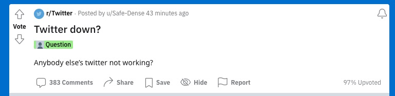 A post on Reddit about a Twitter outage