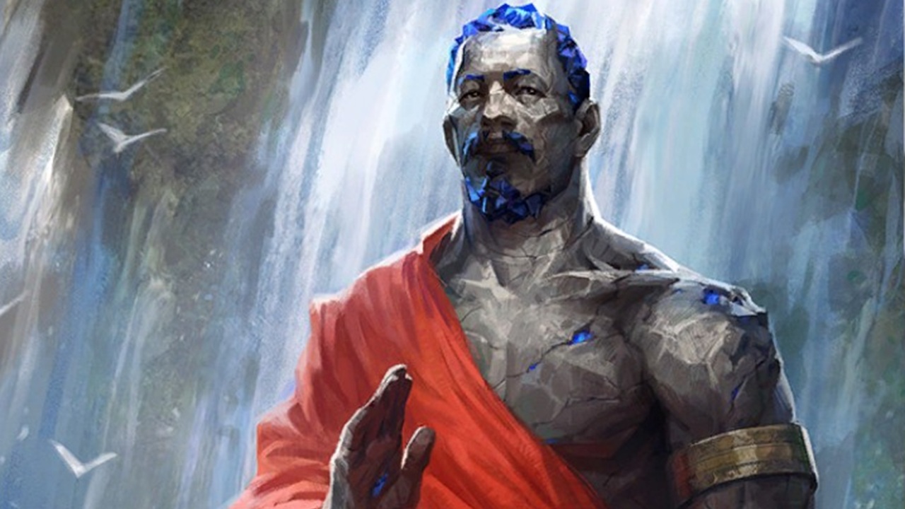 Wrath of the Righteous character portrait art elemental stone monk meditating by waterfall.