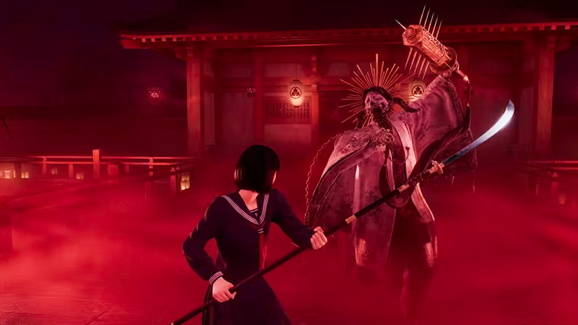 Screenshot from Silent Hill f showing the protagonist fighting a monster.