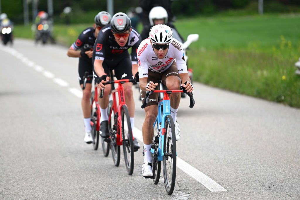 GENVE SWITZERLAND APRIL 30 Geoffrey Bouchard of France and Ag2R Citron Team attacks during the 76th Tour De Romandie 2023 Stage 5 a 1708km stage from VufflenslaVille to Genve UCIWT on April 30 2023 in Genve Switzerland Photo by Dario BelingheriGetty Images