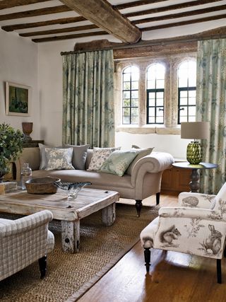 woodland print fabrics in cottage style living room