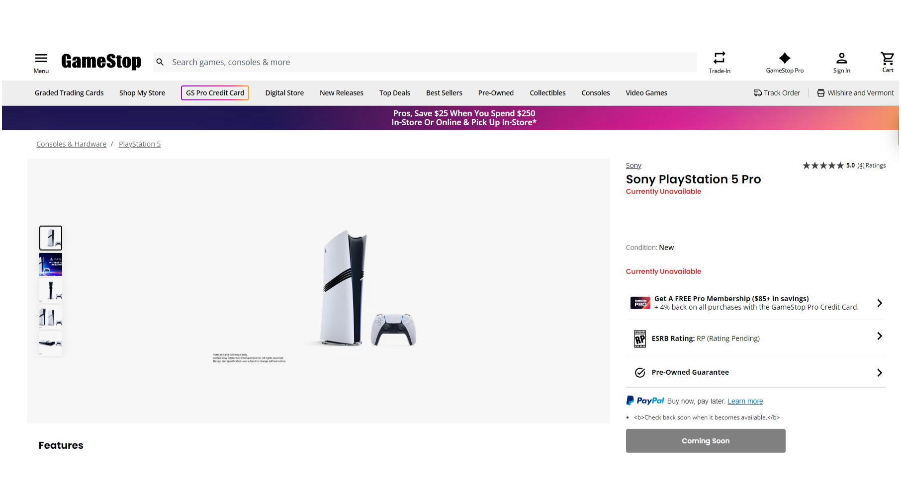 A screenshot of the PS5 Pro listing page at GameStop