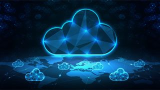 Cloud storage concept art showing digital cloud symbol hovering over world map.