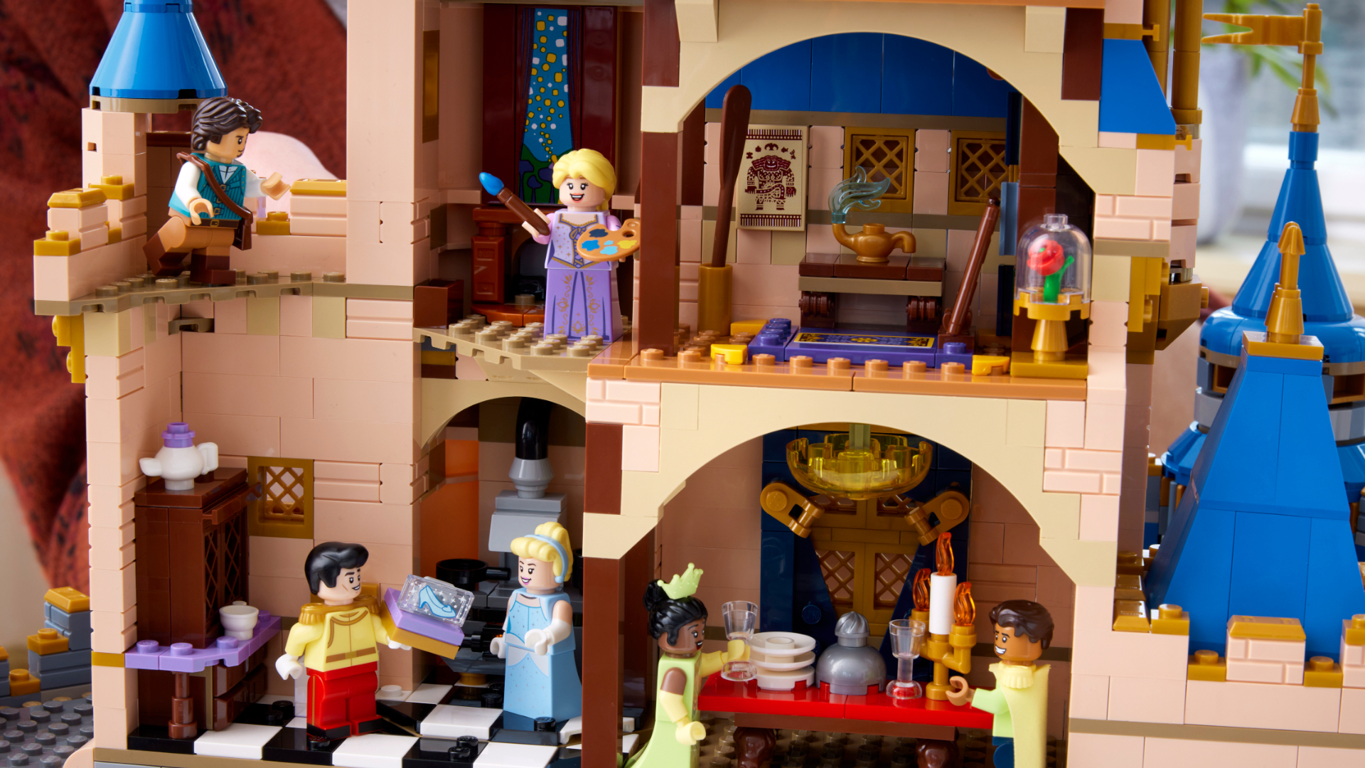 Lego minifigures in a series of castle rooms