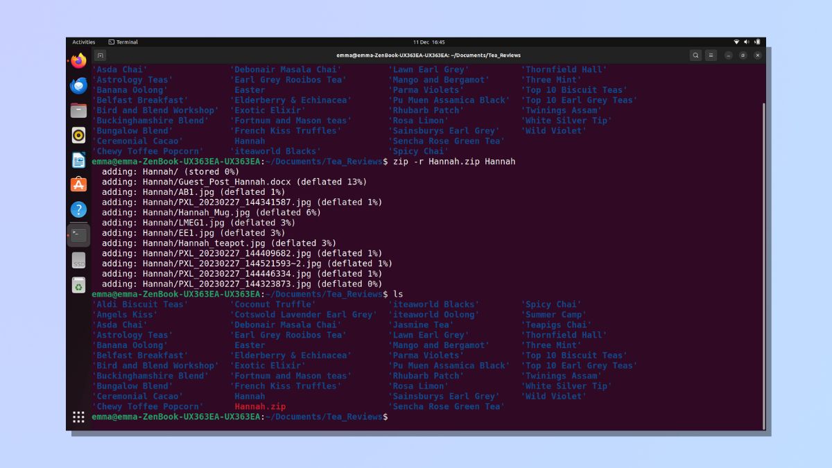 Снимок экрана, показывающий, как заархивировать папку в Linux — с помощью команды zip -r