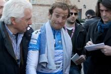Michele Scarponi had a rough day, crashing on a descent and hurting his hip and arm.