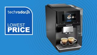 Siemens EQ700 coffee maker on blue background with white text reading 'TechRadar lowest price'
