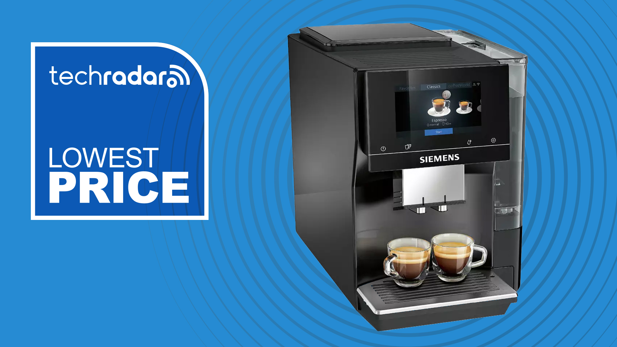Siemens EQ700 coffee maker on blue background with white text reading 'TechRadar lowest price'