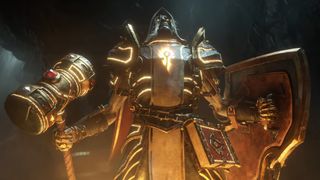 A hooded fantasy warrior in ornate gold-trimmed armor holds a massive hammer and battered shield in a smoky cave, glowing rune aglow; imposing and ominous.