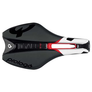 A black and red Prologo T-Gale Pas triathlon saddle on a white background
