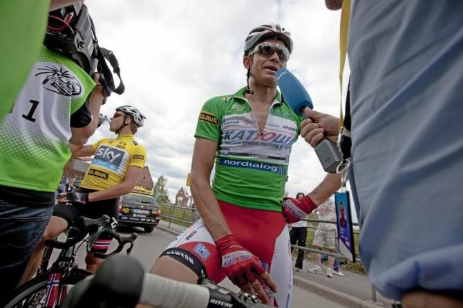 Wearing the sprint jersey on load from Edvald Boasson Hagen (Sky) is Alexander Kristoff (Katusha)