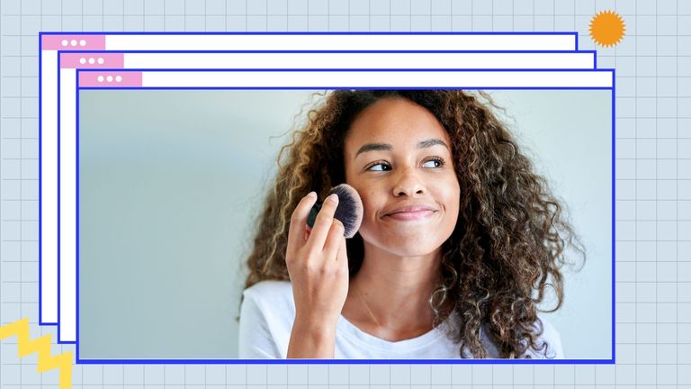 Image of smiling young woman applying face powder with make-up brush on a blue template