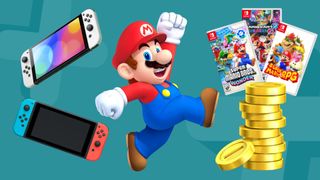 Mario on a blue background with coins, games, and Nintendo Switch consoles
