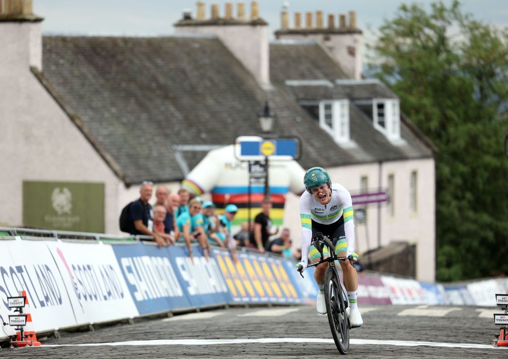 Australias Grace Brown crosses the finish line in the womens Individual Time Trial in Stirling during the UCI Cycling World Championships in Scotland on August 10 2023 Photo by Adrian DENNIS AFP Photo by ADRIAN DENNISAFP via Getty Images