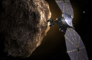 An artist's depiction of NASA's Lucy spacecraft swinging past a Trojan asteroid.