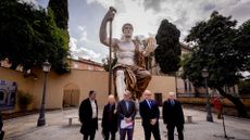  Adam Lowe, from the Factum Foundation for Digital Technology in Preservation, Salvatore Settis Member of the Steering Committee of Fondazione Prada, Councillor for Culture of Roma Capitale Miguel Gotor, the Mayor of Rome Roberto Gualtieri, Claudio Parisi Presicce Capitoline Superintendent of Cultural Heritage, during a press conference for the presentation of the reconstructed monumental Colossus of Constantine, in the garden of Villa Caffarelli at the Capitoline Museums on February 6, 2024, in Rome, Italy
