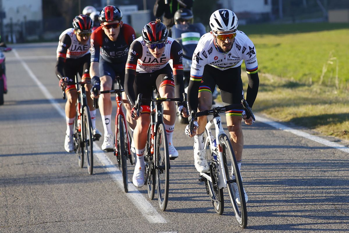 Tirreno Adriatico 2022 - 57th Edition - 3rd stage Murlo - Terni 170 km - 09/03/2022 - Marc Soler (ESP - UAE Team Emirates) - Tao Geoghegan Hart (GBR - INEOS Grenadiers) - Tadej Pogacar (SLO - UAE Team Emirates) - Julian Alaphilippe (FRA - Quick-Step Alpha Vinyl Team) - photo Luca Bettini/SprintCyclingAgency&Acirc;&copy;2022