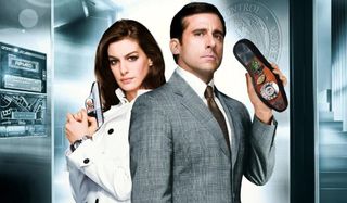 Get Smart Anne Hathaway and Steve Carell, ready with a gun and a shoe phone