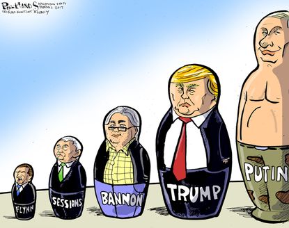 Political Cartoon U.S. Russia influence stacking dolls Putin Trump Bannon Sessions Flynn