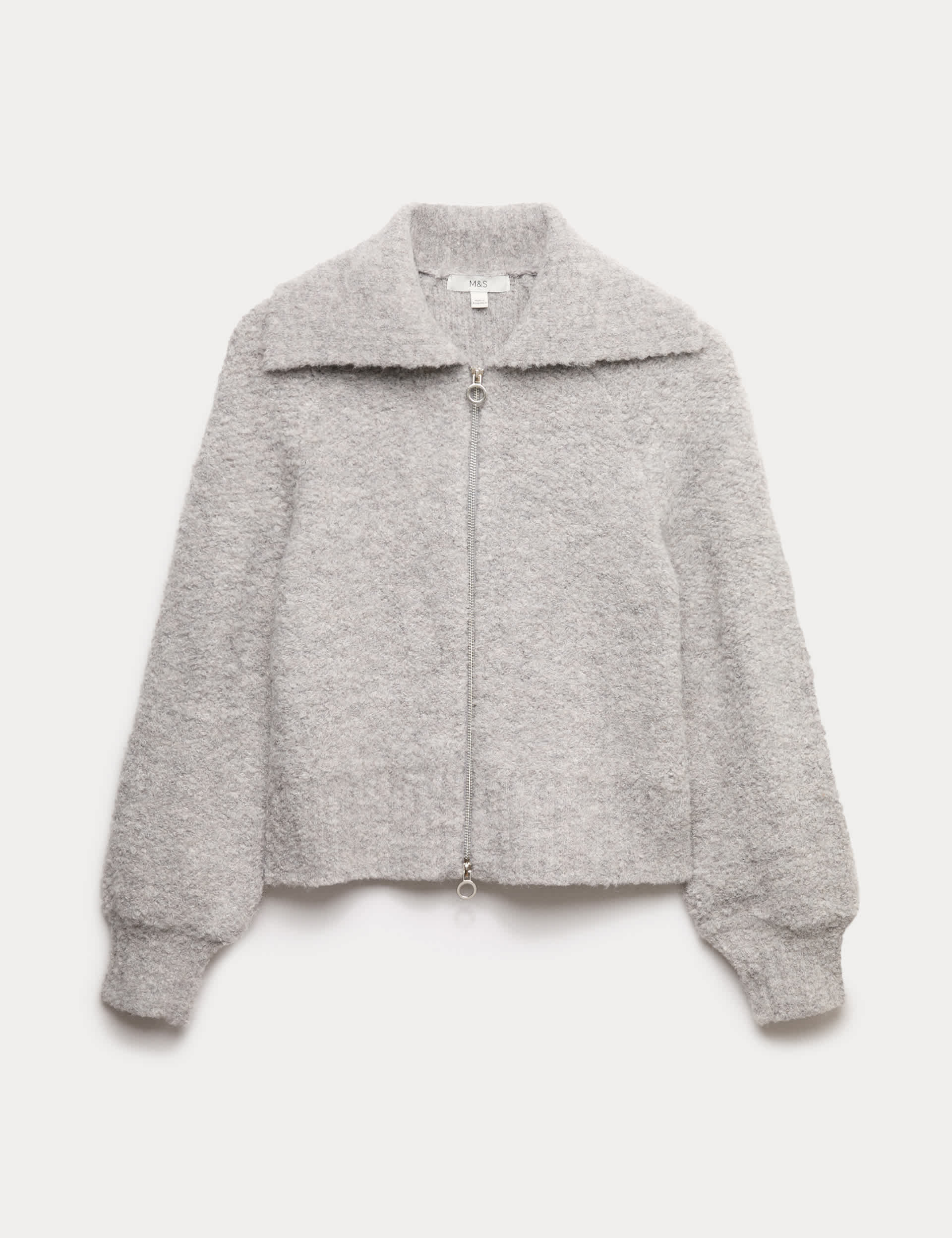 Boucl&amp;eacute; Zip Up Collared Knitted Jacket With Wool