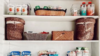 An organized pantry with food and goods in baskets