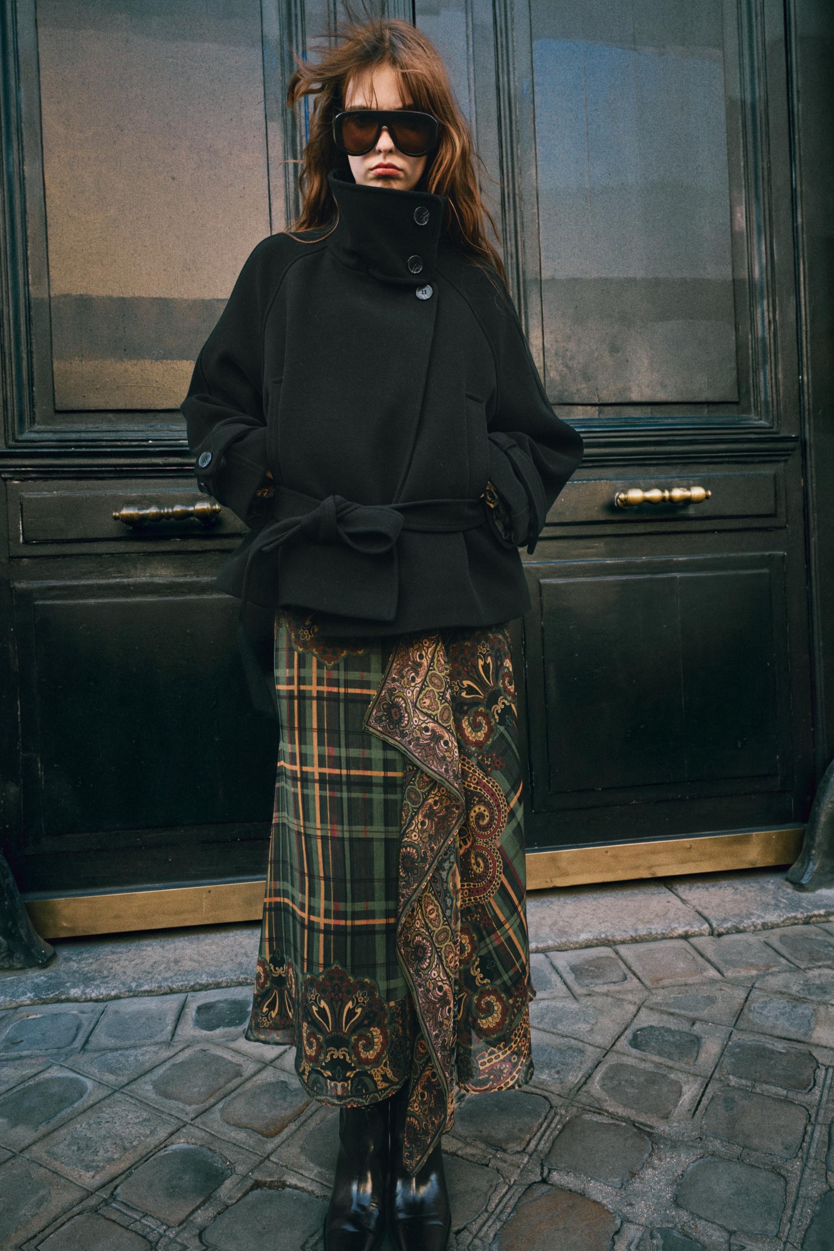 High Neck Coat With Belt - Black - Xs