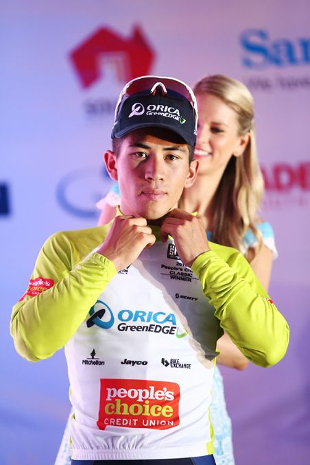 Caleb Ewan (Orica GreenEdge) on the podium after his win in the Down Under Classic