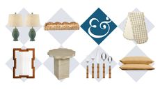 collage of shopping products: green rattan table lamps, rattan scalloped tray, gingham oven mit, burl wood mirror, marble scalloped side table, bamboo flatware, and yellow linen pillowcases