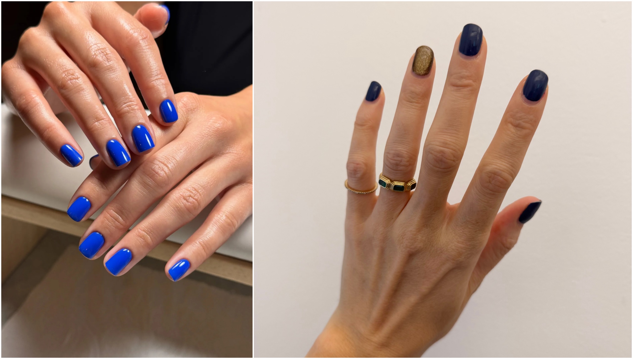 two collage images of cobalt blue nails and blue nails with gold detailing